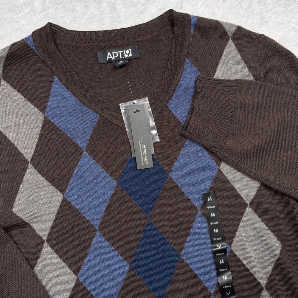 Apt 9 Sweater Men M Brown Argyle V-Neck Merino Wool Blend Long Slv Preppy Gift